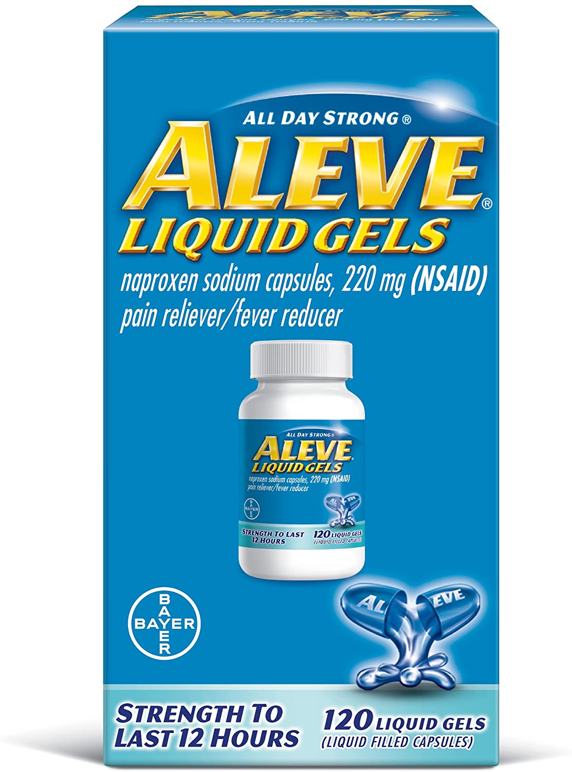 Aleve Liquid Capsules, Naproxen Sodium Capsules 220 mg (NSAID), Pain Reliever/Fever Reducer, Fast Pain Relief, 120 Count