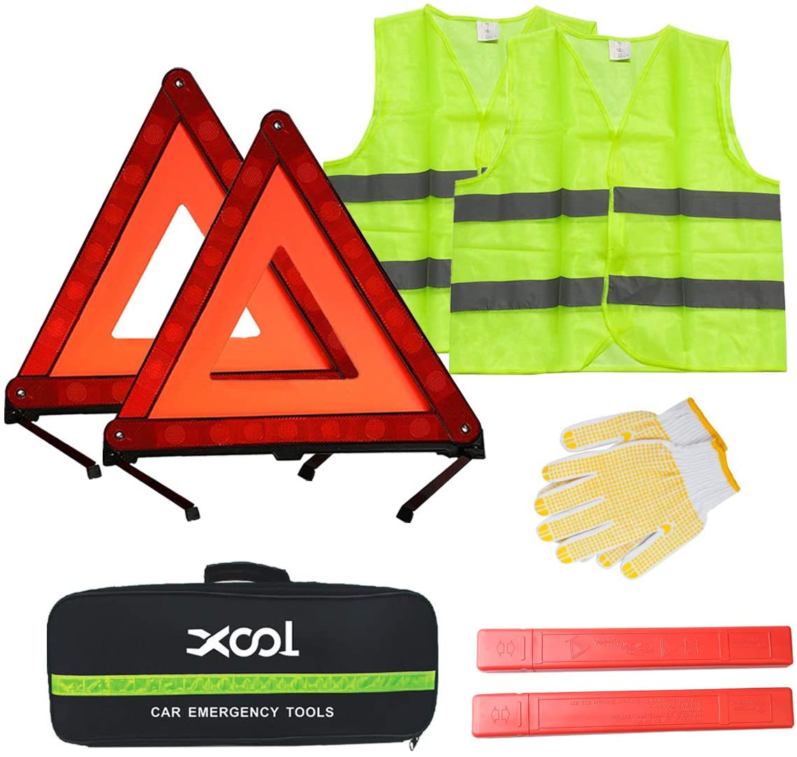 XOOL Safety Triangle Warning Kit,Car Roadside Emergency Kit with Reflective Warning Triangle,Visibility Roadside Vest, Storage Bag and Glove for Use Roadside Breakdowns Emergencies