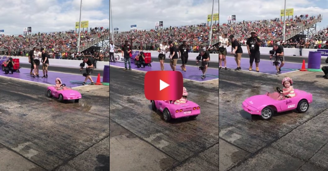 girl does burnouts in barbie corvette