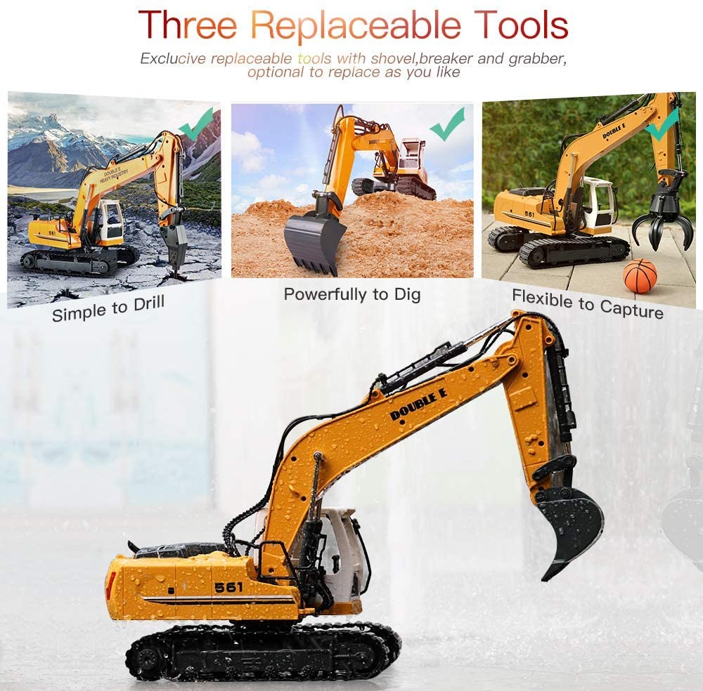 DOUBLE E Remote Control Truck RC Excavator Toy 17 Channel 3 in 1 Claw Drill Metal Shovel Real Hydraulic Electric RC Construction Vehicle with Working Lights