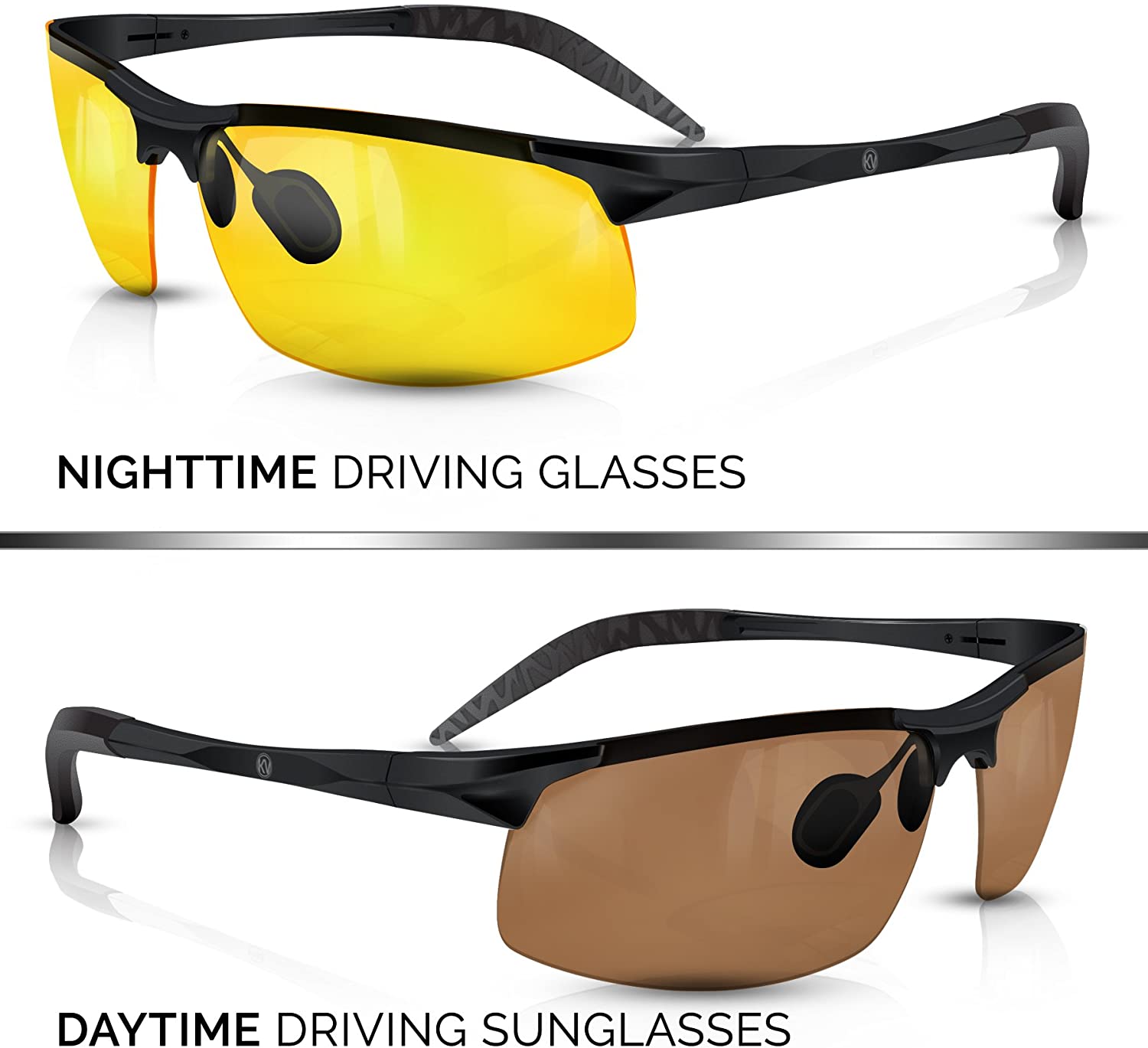 BLUPOND Set of 2 Anti-Glare HD Lens Clear Vision Sunglasses - Daytime Polarized Copper and Yellow Tint Night Driving Glasses with CAR Clip Holder - Knight Visor