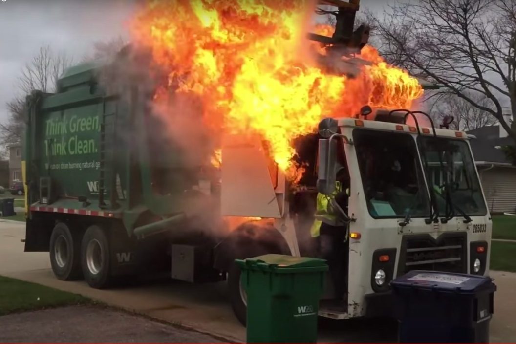 garbage truck bursts into flames